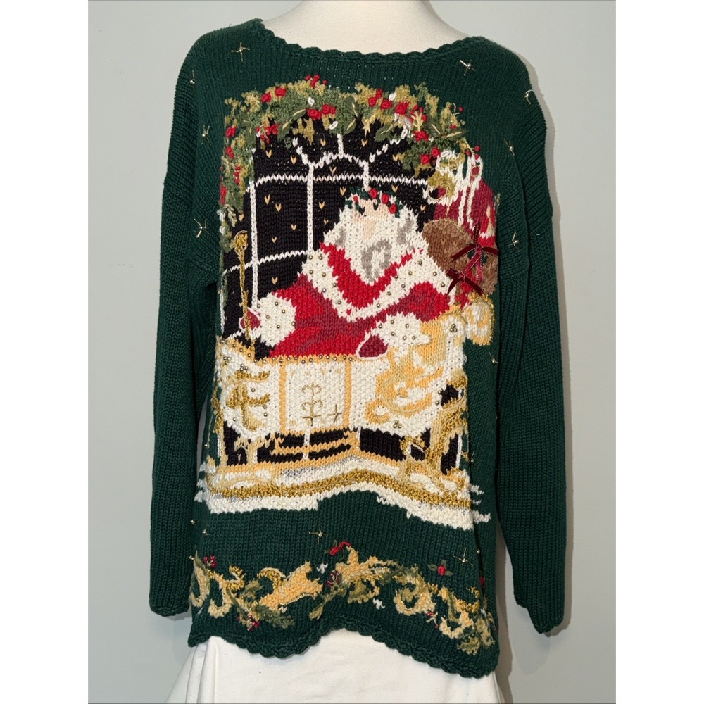 Vtg Tiara International Ugly Christmas Sweater Santa Sleigh Sz L LG Green Knit